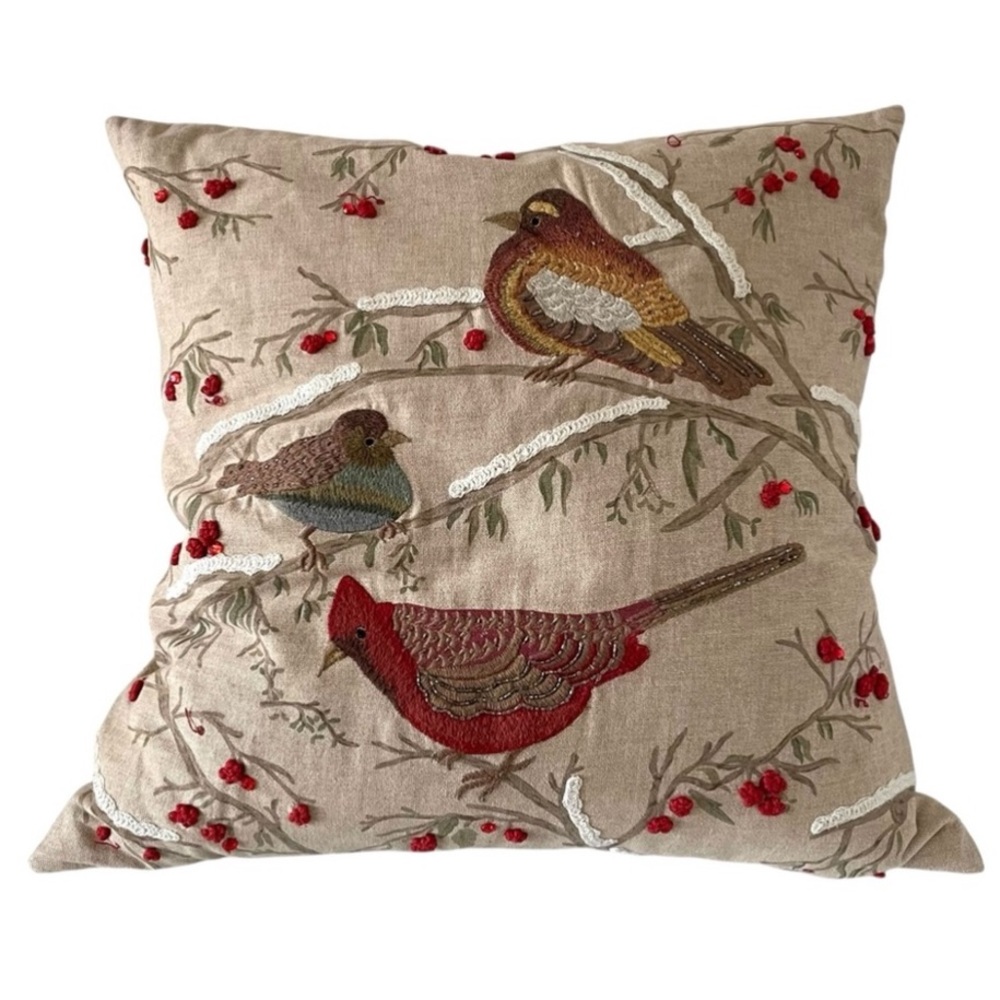 Pottery Barn Festive Bird Embroidered Throw Pillow